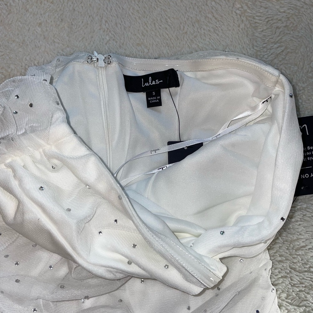 Lulus Sparkling Babe White Mesh Rhinestone Ruched Strapless Midi Dress - Picture 7 of 11